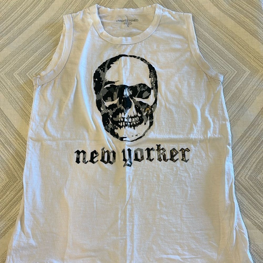 Unsweetened Women’s White with Black & Grey Skull New Yorker Tank Top - Size S